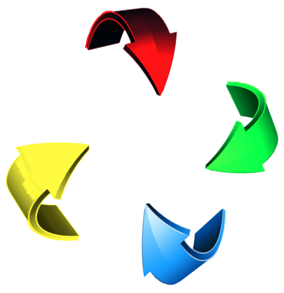 Sustainable Products title and Red arrows and white words